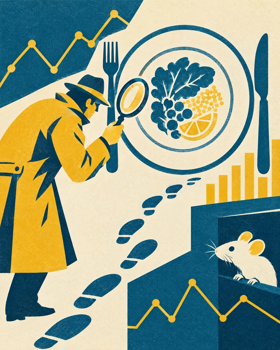 Illustration of a detective in a trench coat studying a plate of food through a magnifying glass, with a lab mouse and charts nearby
